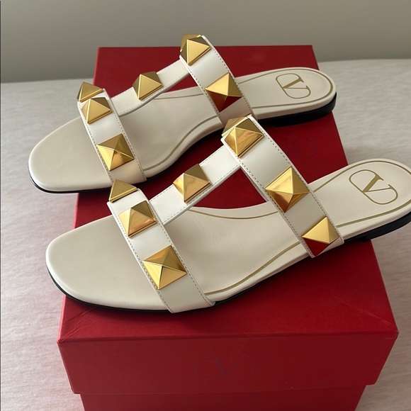 Valentino White and Gold Studded Sandals - Picture 3 of 7